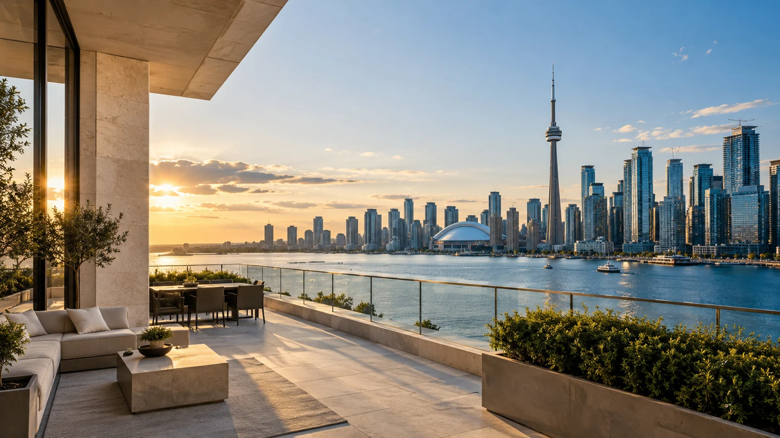 Illustrative waterfront skyline viewed from a contemporary office terrace