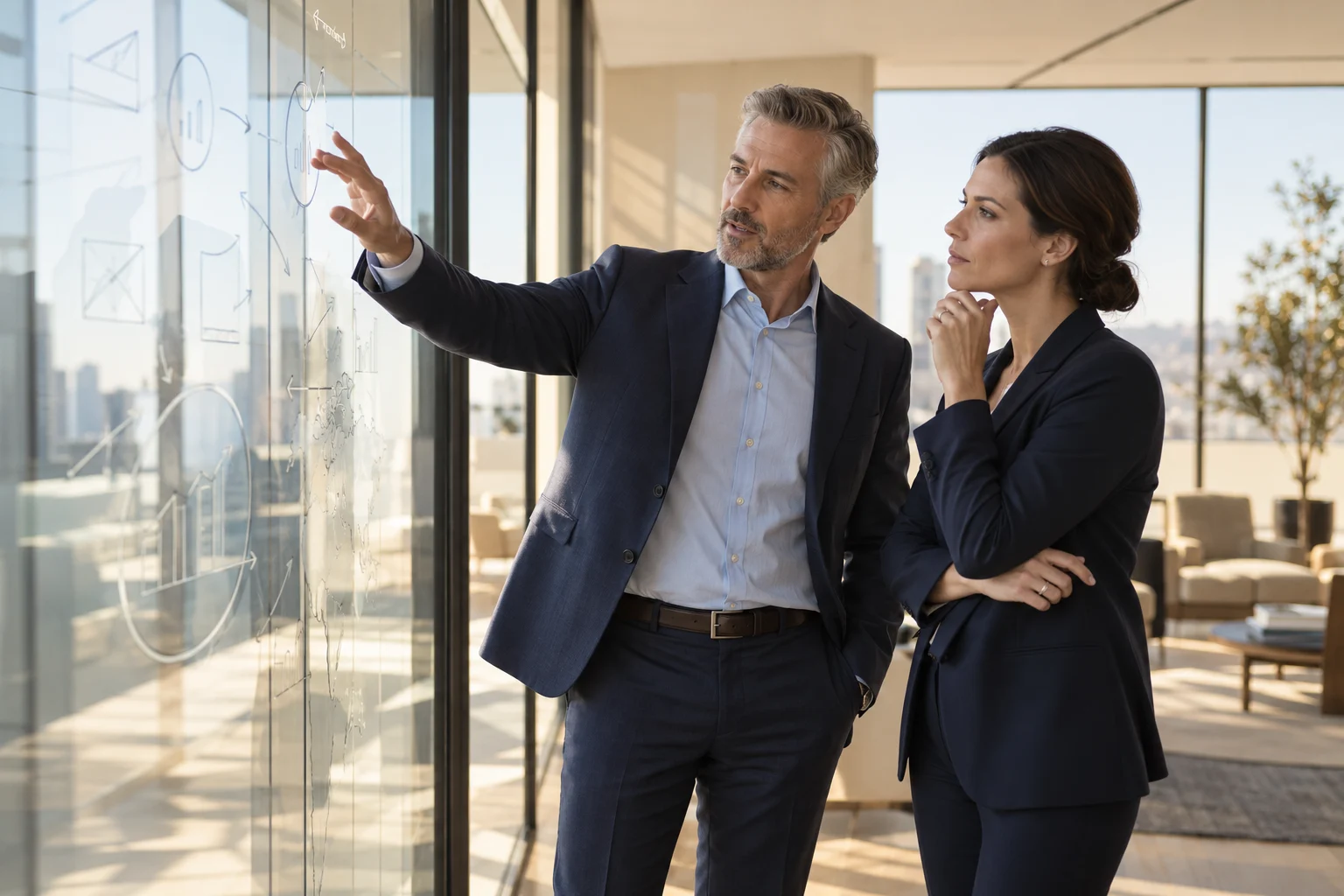 Illustrative advisors discussing strategic options beside a planning wall